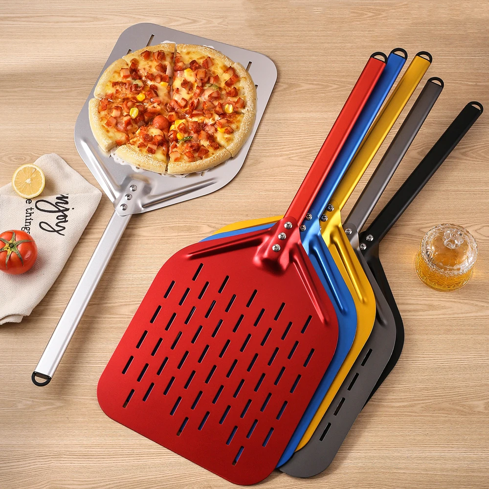 Manjia Customized Aluminum Pizza Paddle Perforated Pizza Peel with Extended Handle Rectangular Pizza Turning Peels for Baking