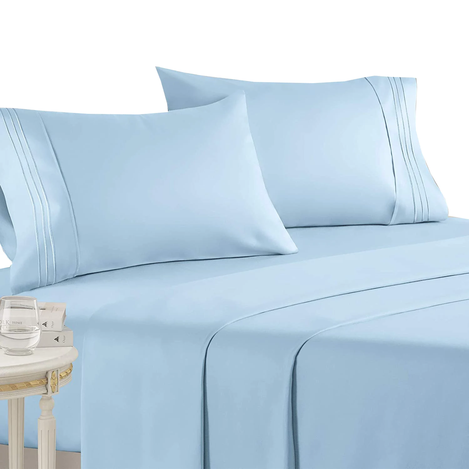 2000 Series Collection Brushed Microfiber Luxury 3 Lines Embroidery 4 Pieces Bedding Bed Sheet Set Sky Blue Queen
