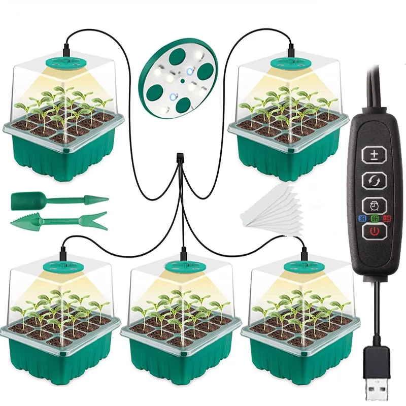 Full Spectrum 8 LED Grow Light with Seedling Tray Plant Seed Starter Trays 12 Cell Greenhouse Growing Trays with Holes