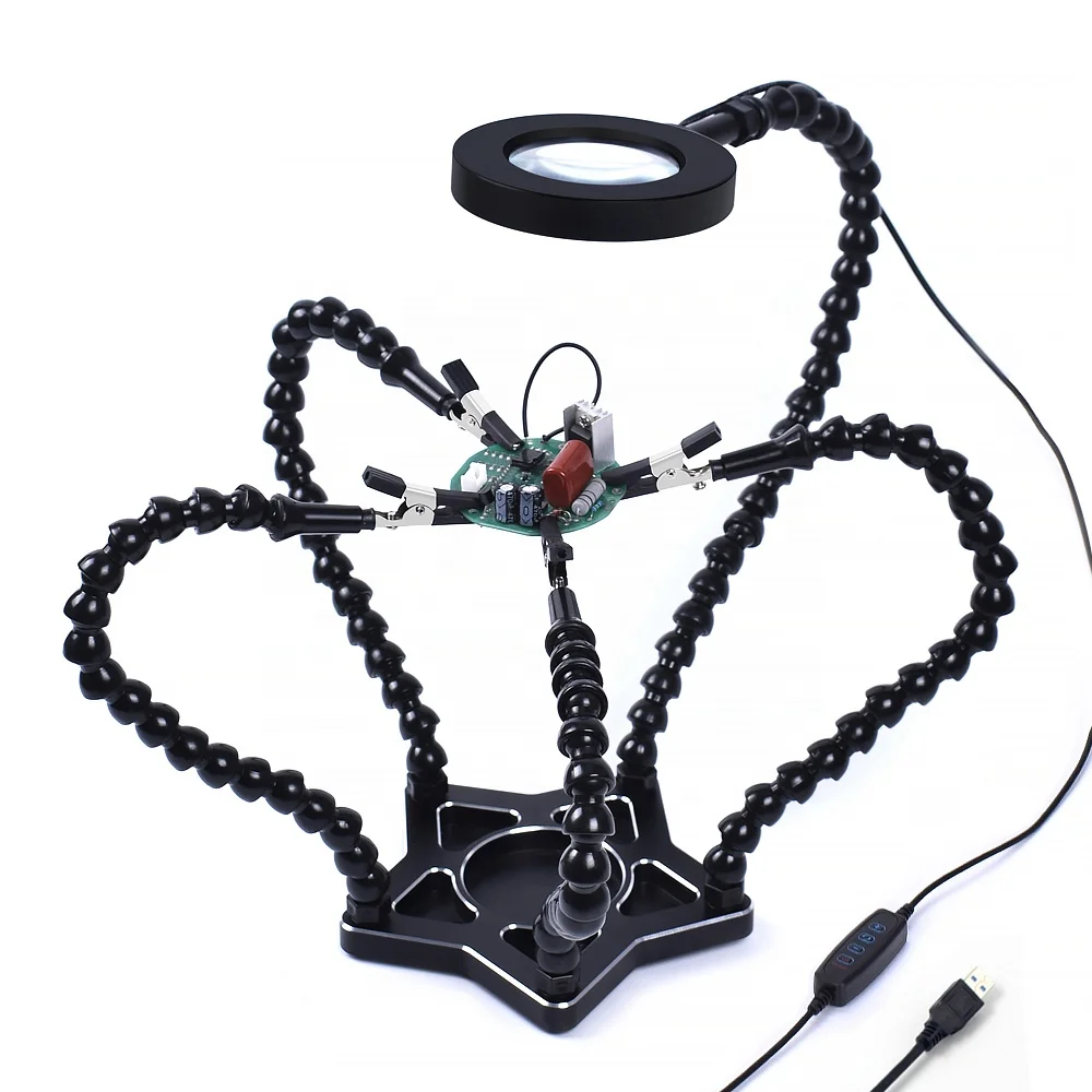 Soldering Third Hand Soldering Station 5Pcs Flexible Arms with 3X LED Magnifying Glass for Aircraft PCB Welding Repair Holder
