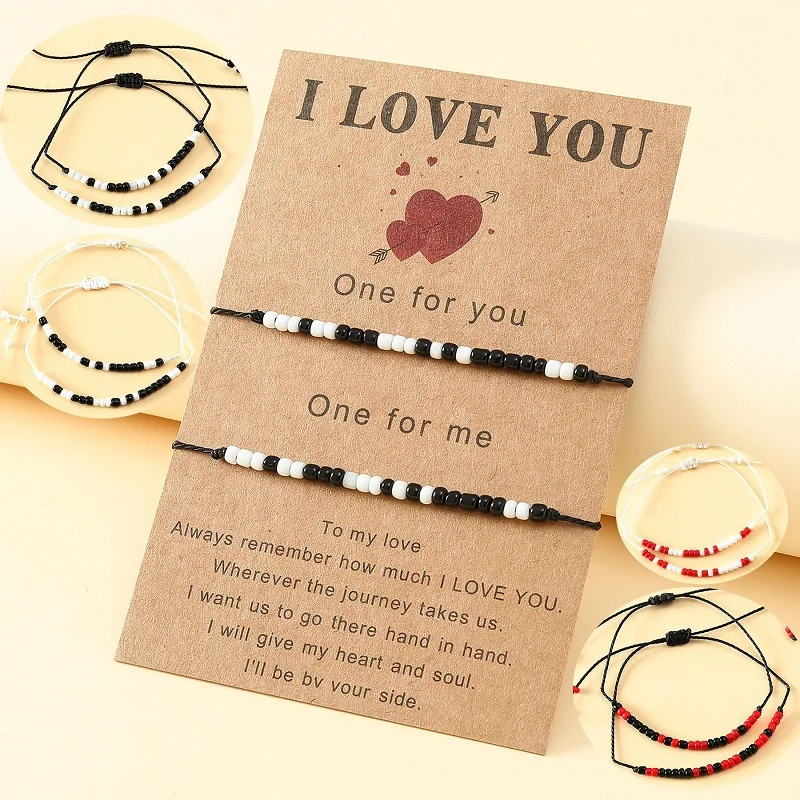 Hot Sale Adjustable I LOVE YOU Morse Code Couples Bracelet Black White Glass Rice Bead Rope Paper Card Bracelets