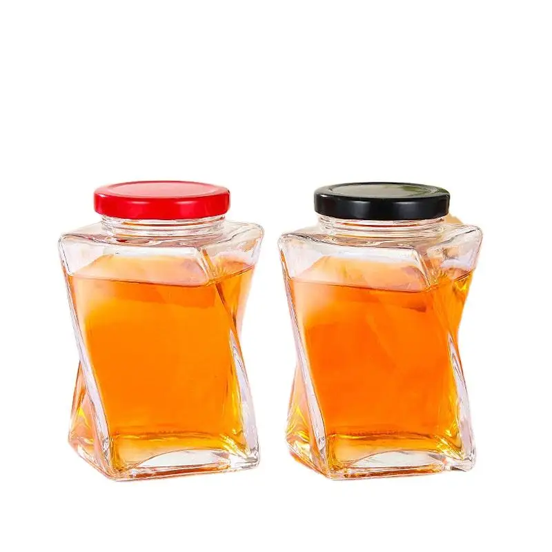 Putian stock food containers  300ml glass square storage honey jam candy glass jar with metal lid