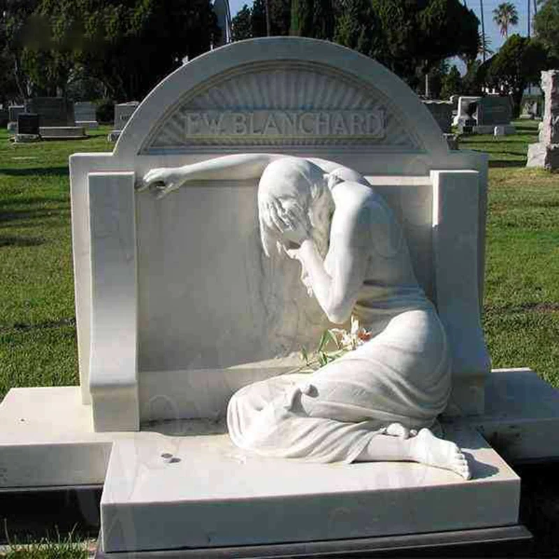 Hand Carved Natural White Marble Weeping Angel Headstone Tombstone marble angel tombstone For Sale