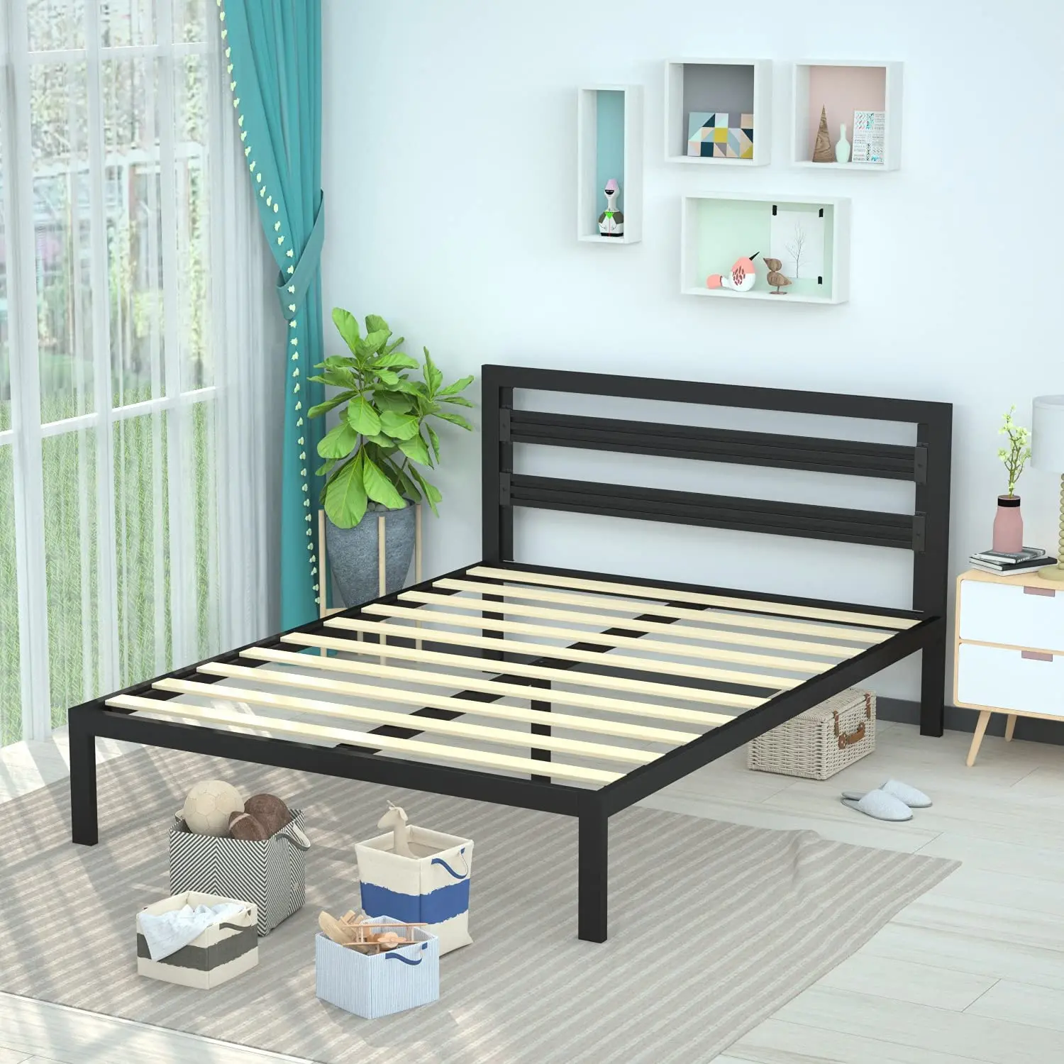 Twin Bed Frame Metal Platform Mattress Base Black Bed with Vintage Headboard Box Spring Replacement Single Double Queen King Bed