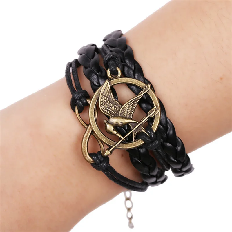 Hunger Games Laugh At Bird Vintage Mocking Jay Charm Braid PU Leather Bracelet for Men Women