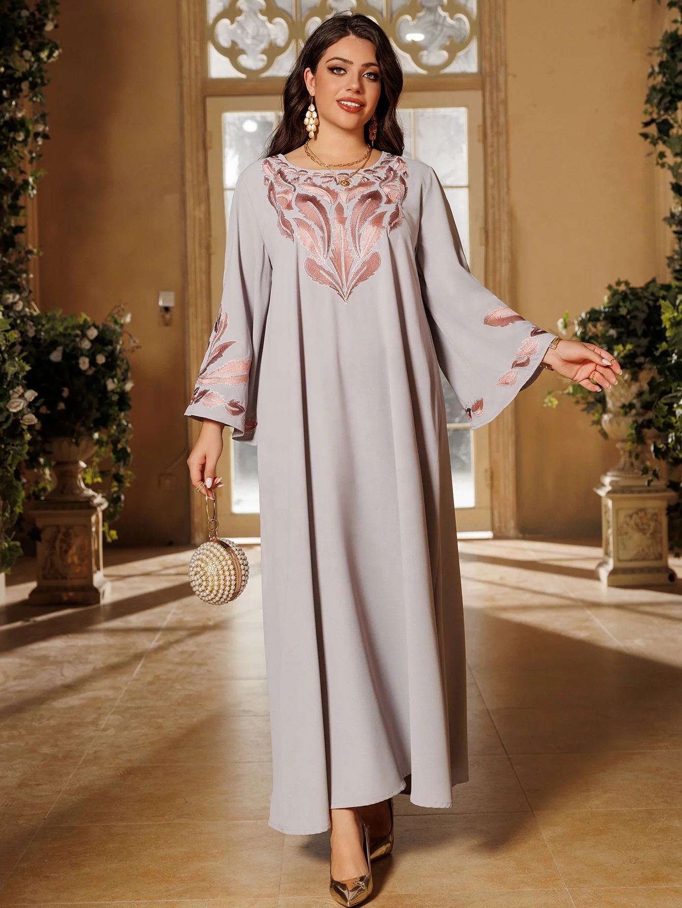 Eid Embroidery Rhinestone Kaftan Dress Jacquard Kaftan Arab Long Dress Women Moroccan Party Caftan Jalabiya Muslim Dubai Abaya