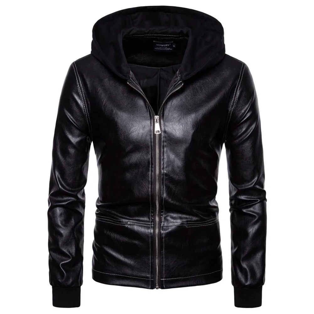 
Mans Winter Jacket Black Hooded CapLatest Rib Cuff Design Men Pu Leather Windproof Long Sleeve Black Jacket 