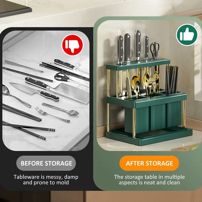 Kitchen Knife Holder Multi-Function Cutter and Cutlery Drainer Rack PP Space Saving Kitchen Utensil Organizer Rack