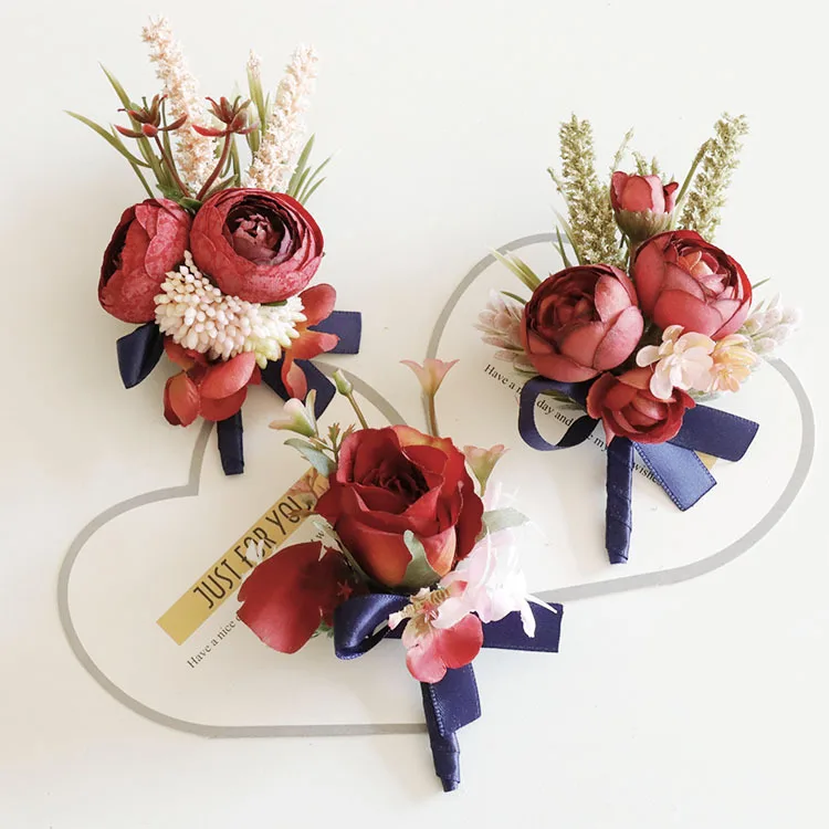 Wholesale Wedding Prom Red Rose Artificial Silk Flower Bride Bridesmaid Ribbon Bracelet Wedding Wrist Corsage