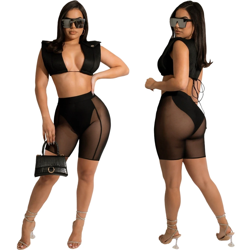 Women Summer Fashion 2022 Beach Wear Mesh Two Piece Short Set Crop Vest Top See Through Biker Shorts 2 Piece Pants Women Set