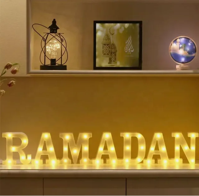 Pafu muslim home party table decoration ramadan mubarak led letter sign star moon lights white eid light up letters