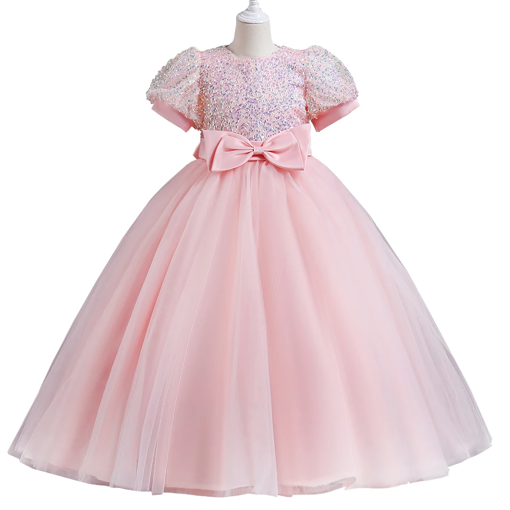 Flower Girl Cute Kids Party Dress Children Pink Beaded Wedding Party Dresses LS6068 Summer Lace Ball Gown Sleeveless Floral 2pcs