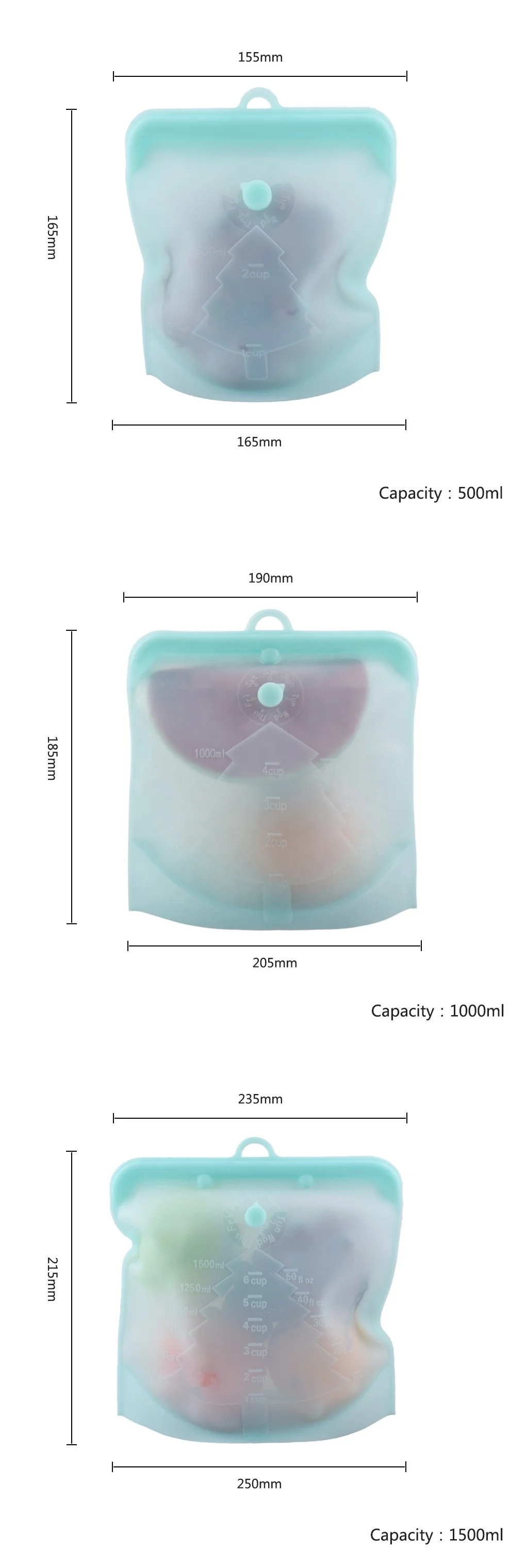 Новый многоразовый силиконовый Пакет для пищевых продуктов без пластикового слайдера набор из 3 пакетиков хранения (500/1000/1500 мл)