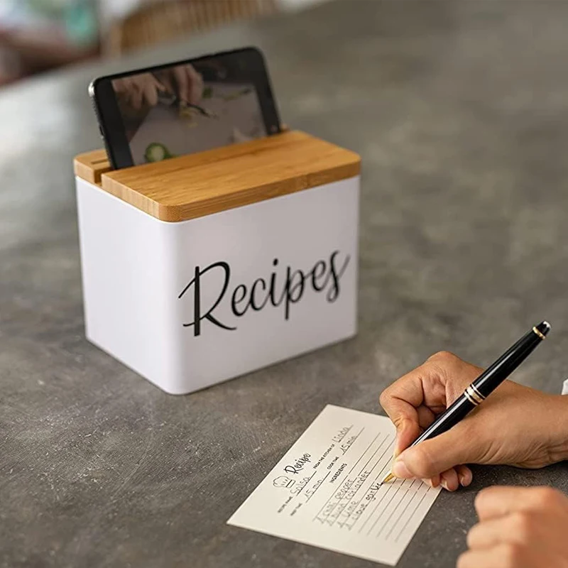 Metal Recipe Box With Cards and Dividers - White Metal Body, Wooden Lid with Phone Holder and Recipe Card Holder