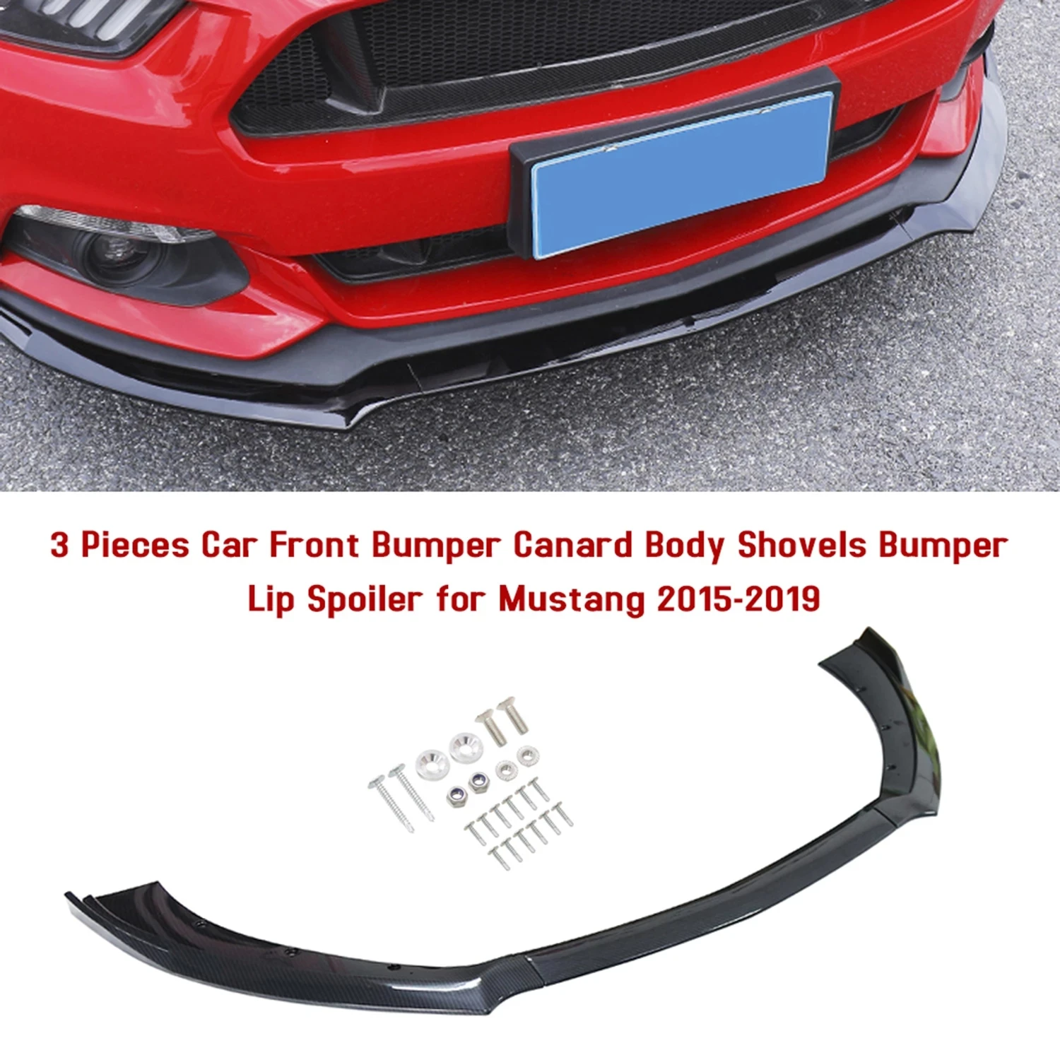 Carbon Fiber 3 Pieces Car Front Bumper Canard Lip Splitter Body Shovels Bumper Lip Spoiler Replacement for Mustang 2015-2019
