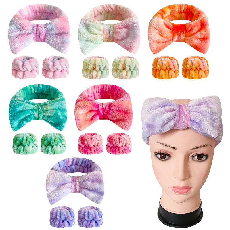 Soft Microfiber Facial Makeup Headband Fuzzy Skincare Spa Headband for Washing Face and Matching Wristbands Set