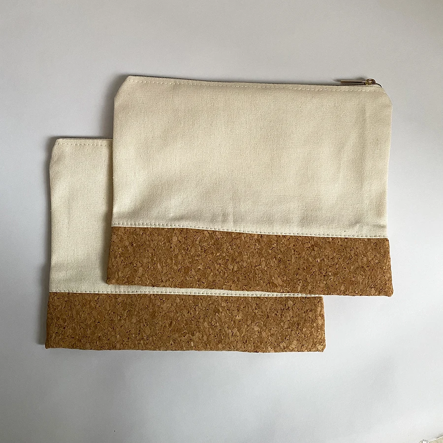 Fashion Factory Price  Zipper Pouch Bag Natural Cork Cosmetic Travel Bag  School Pencil BagCotton Linen Makeup Bags
