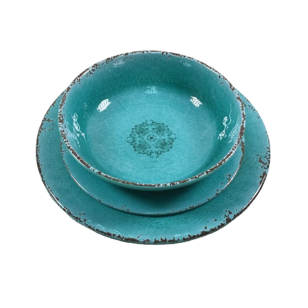 unbreakable custom pattern print  rustic cracked tableware dinner plate bowl set melamine dinnerware set