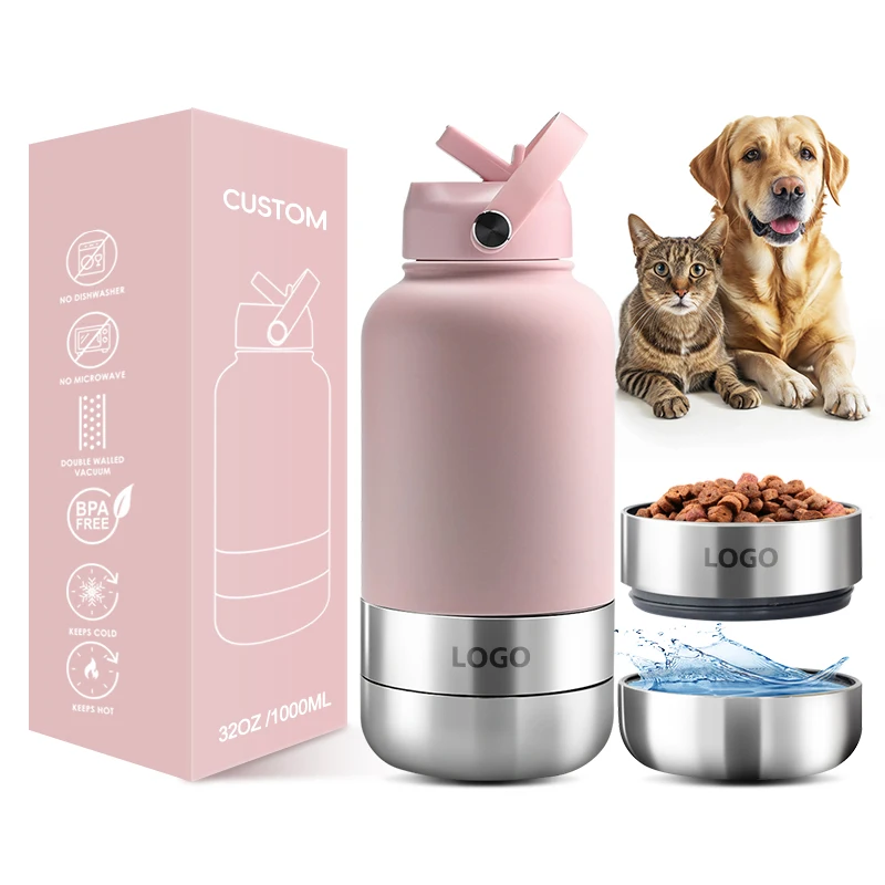 OEM 32oz 3 in 1 insulated stainless steel pet feeder 1000ml outdoor travel portable water bottle for dogs