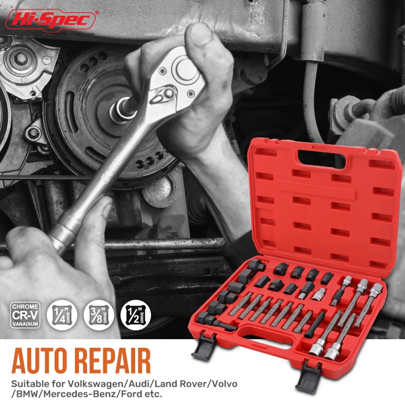 30pc Alrernator Generator Pulley Removal Tool Kit Set Includes 1/4, 3/8 and 1/2 Bit Sockets and Driver Bits