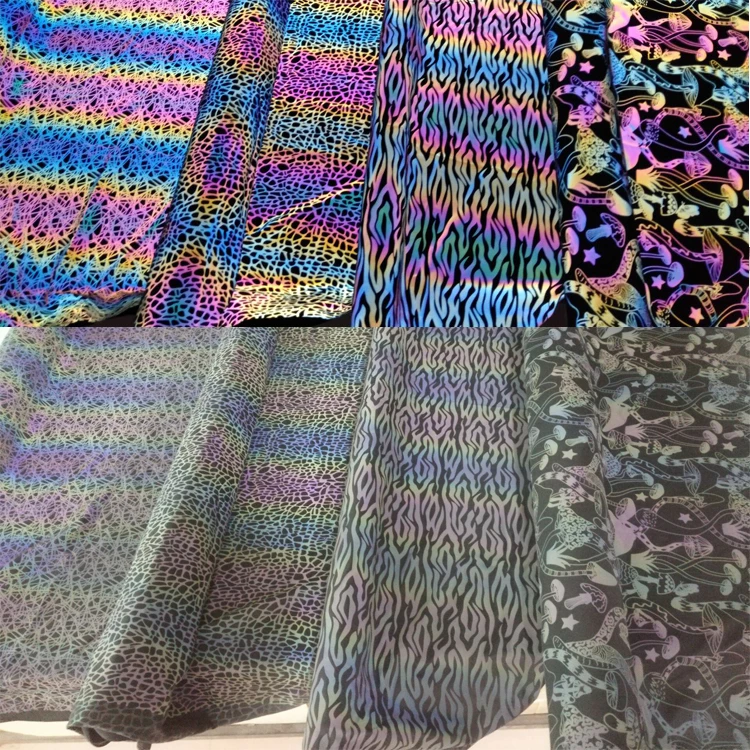 High Visible Black rainbow Iridescent Swirl Pattern Printing Spandex Reflective Fabric Cloth for Outdoor Hi Vis Fashion Clothing