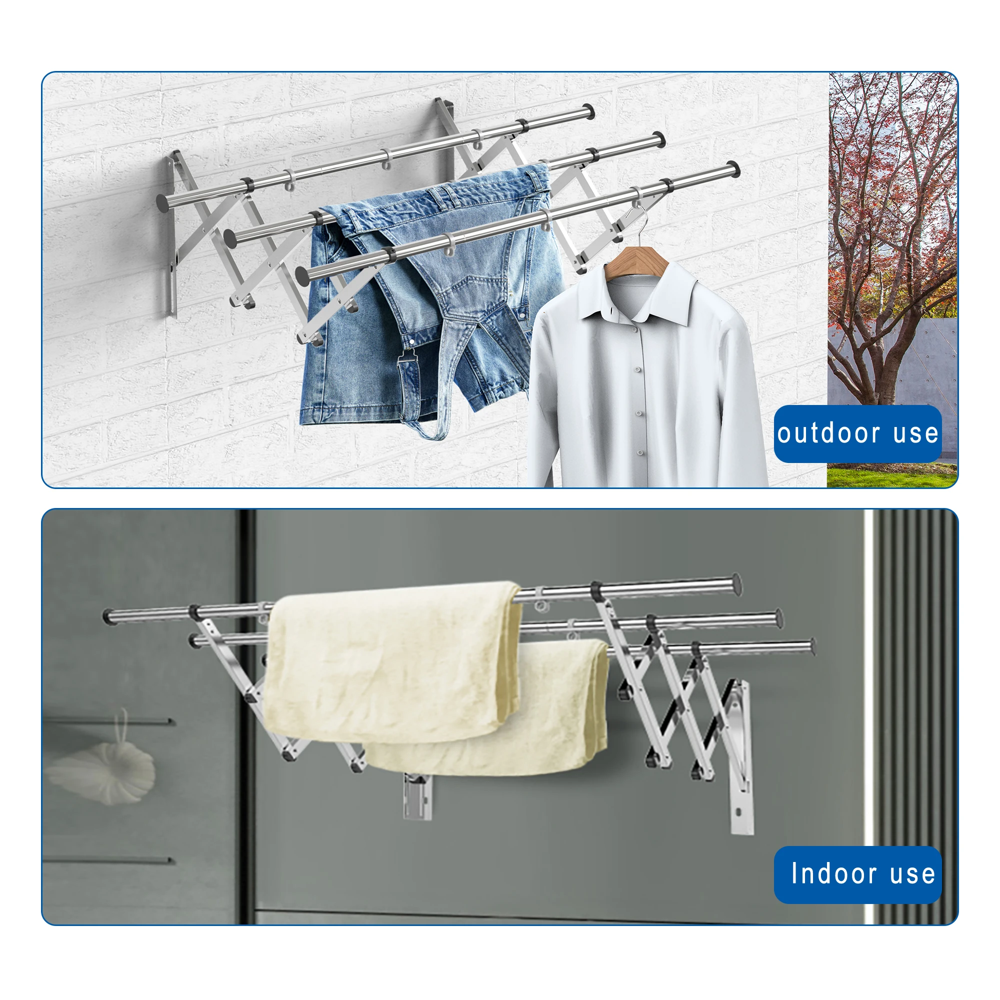 3 Tier Balcony Wall Mounted Laundry Dryer Rack Push-pull Folding Stainless Steel Cloth Drying Hanger For Bathroom