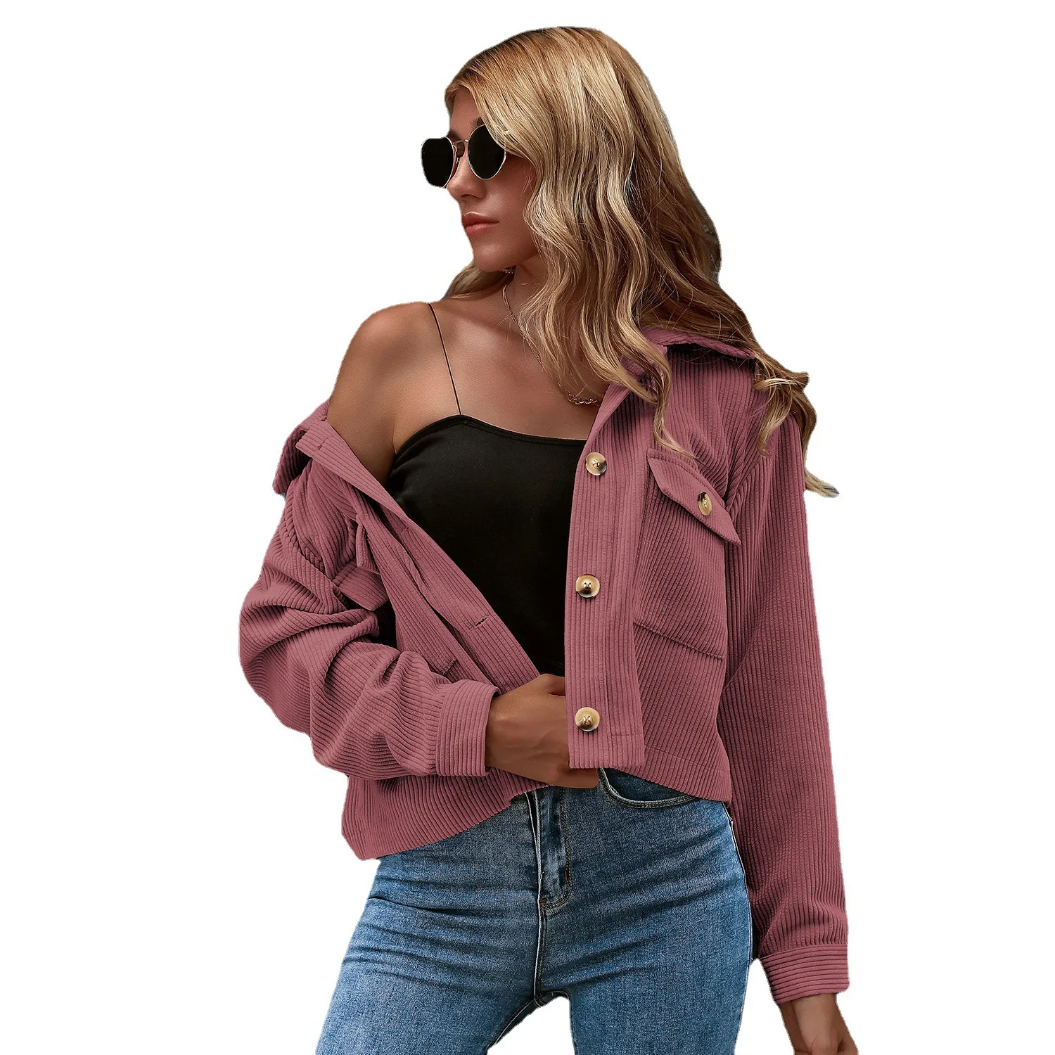 KX-RX6692   Hot sale 	town-down collar long sleeve shirt crop top jackets fashion fall coat women corduroy jacket