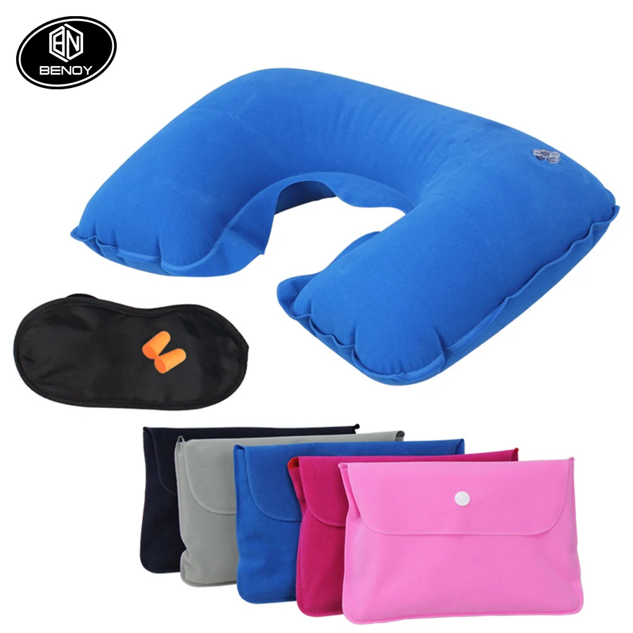 Factory wholesale cheap 3 in 1 airline Travel inflatable neck support pillow sleep eye mask ear plug set kit