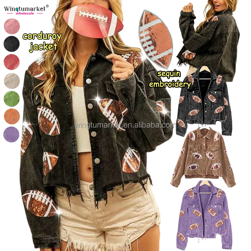 Wholesale sequin corduroy jacket woman vintage wash fringe shacket glitter football embroidery patch jackets for women