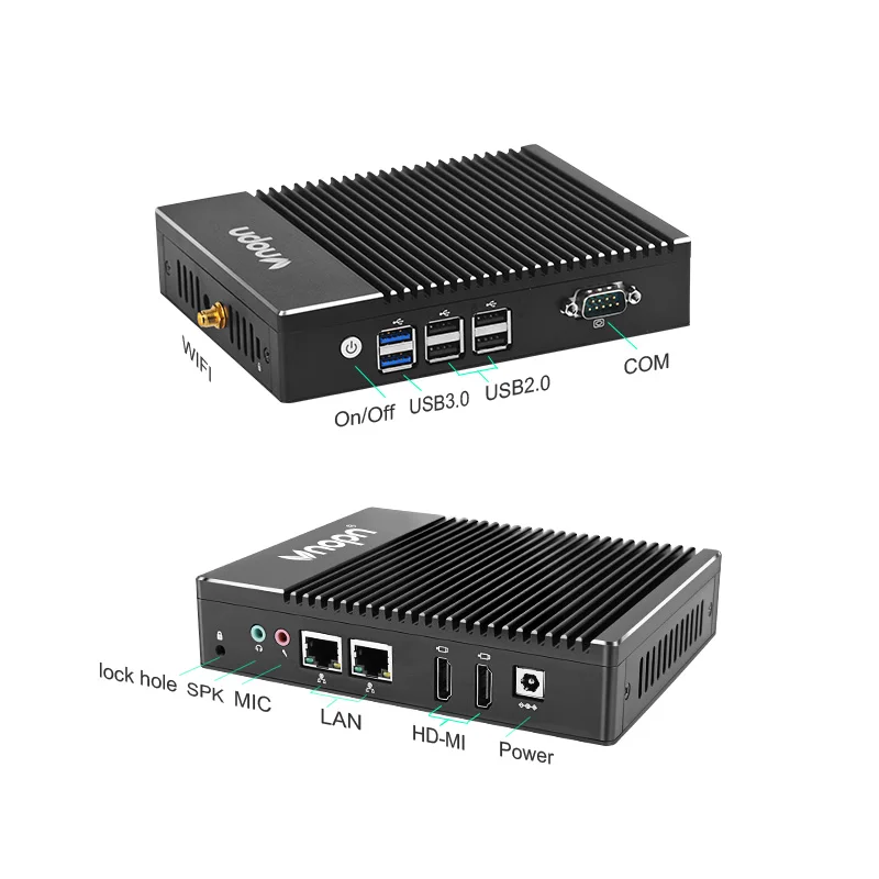 Aluminum Industrial computador Fanless miniPc oem 2 LAN 2 HD port Desktop computer