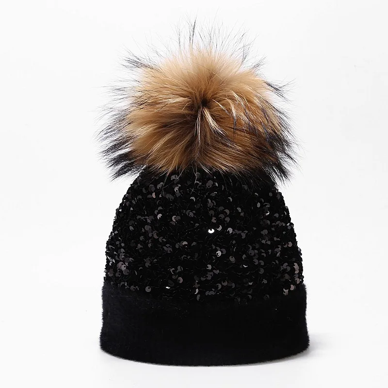 HZM-61066 Women Sequin Knitted Beanie Hat with Faux Fur Pom-Pom Shiny Bling Skull Cap