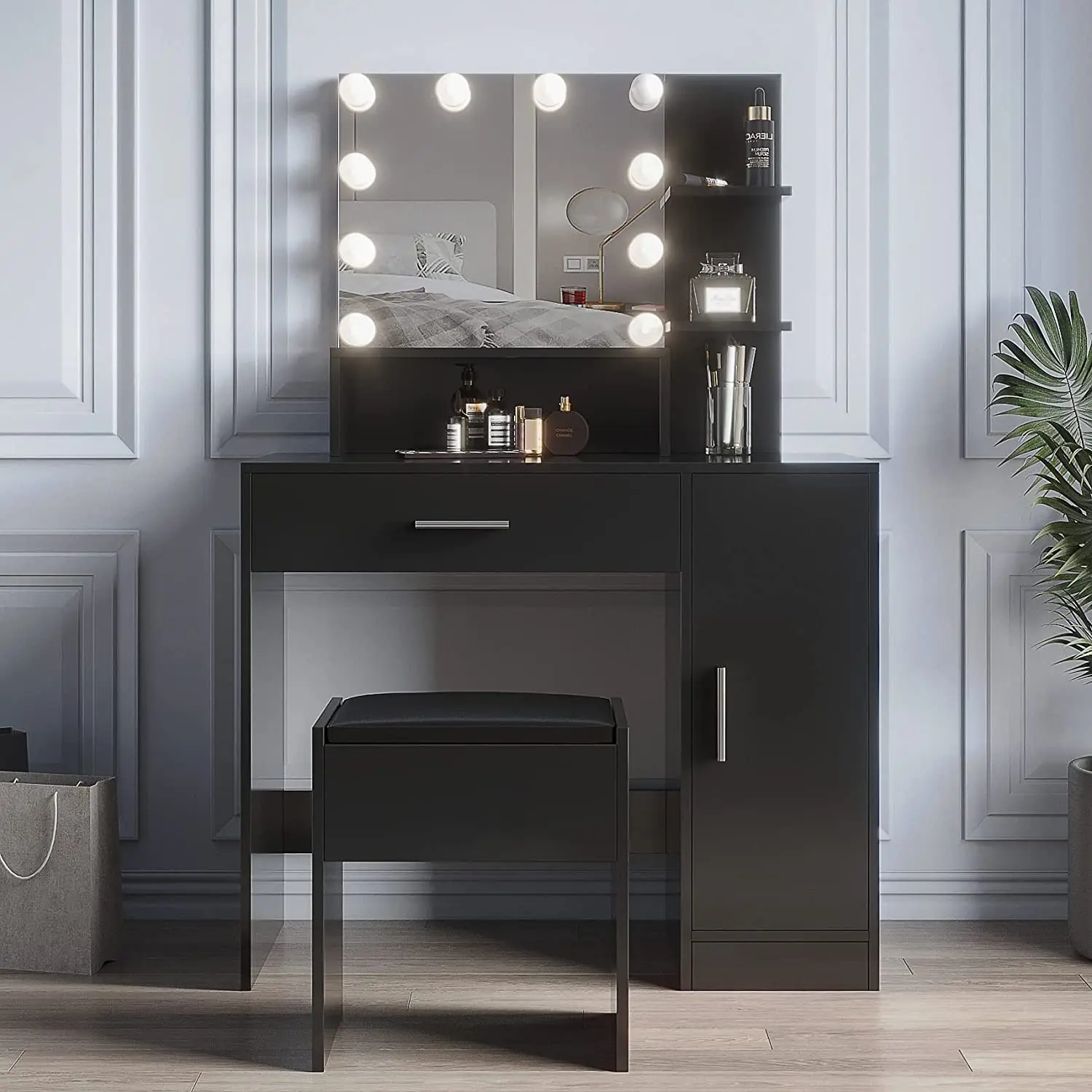 Top Black Full Length Led Mirror Folding Fenty Drawer Set Bed Room Dresser Design Dressing Table With Cupboard And Cushion Chair