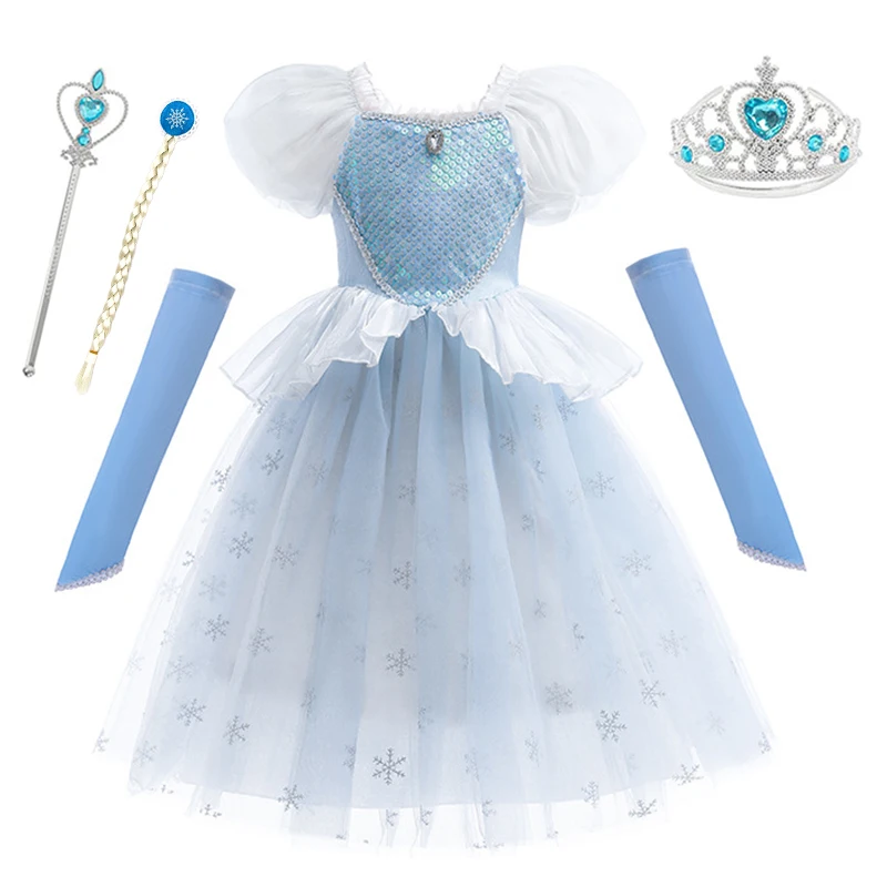 LZH Autumn New Elsa Cosplay Girls Princess Dress Carnival Halloween Costume Blue Scale Short Sleeve Ball Gown Children Clothes