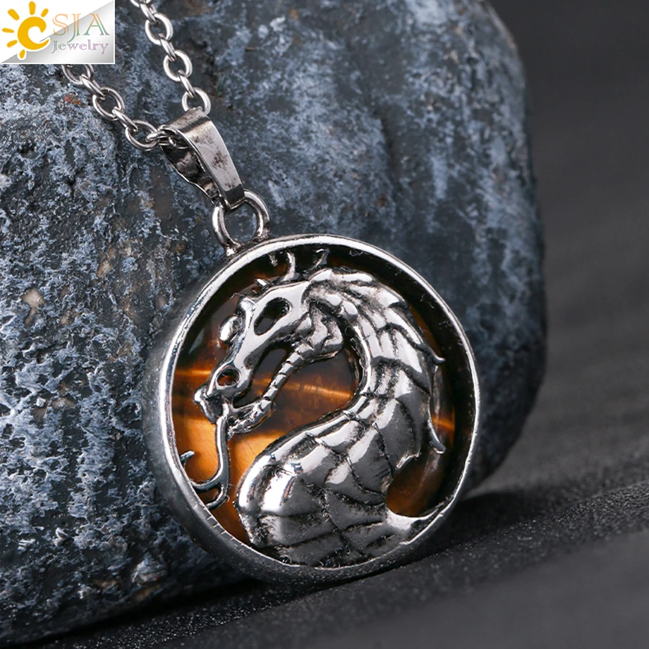 CSJA Wholesale Vintage Jewelry Round Healing Crystal Quartz Natural Stone Pendant Chinese Dragon Necklace for Women H122