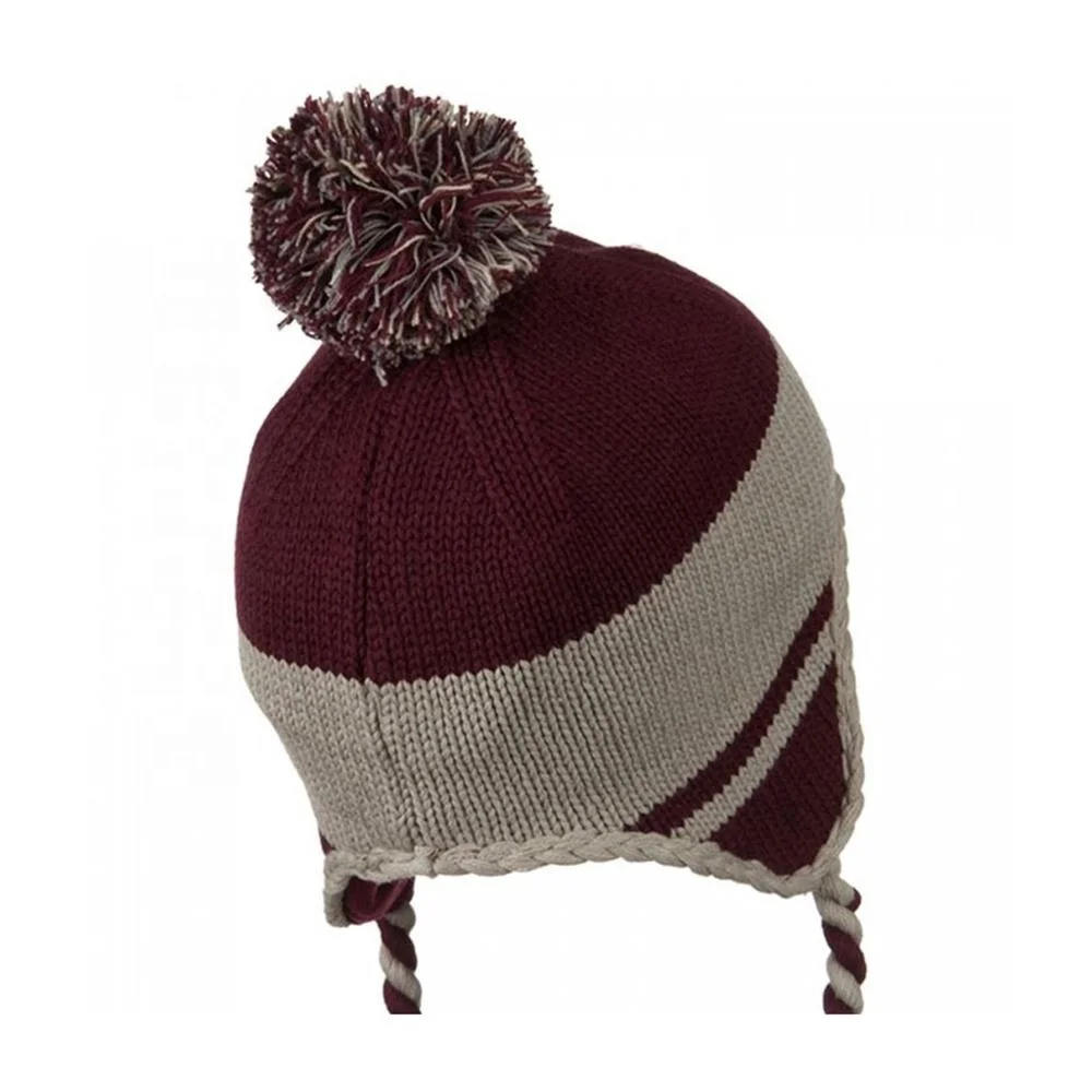 Перуанский Стиль Вязаный ушной клапан Лыжная Шапка темно-бордовый серый хлопок акриловый помпон теплая зимняя шапка оптовая продажа