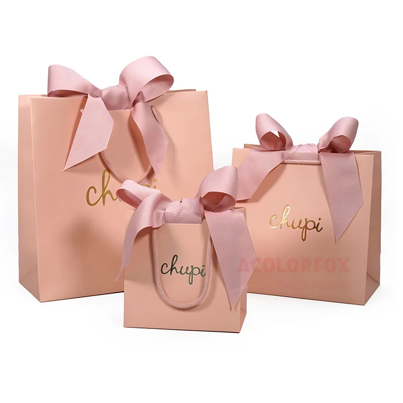 Luxury Jewelry Shopping Paper Bag Custom Print Logo Gold Foiled Mini Cute Pink Paper Gift Bags With Handles Ribbon Closure