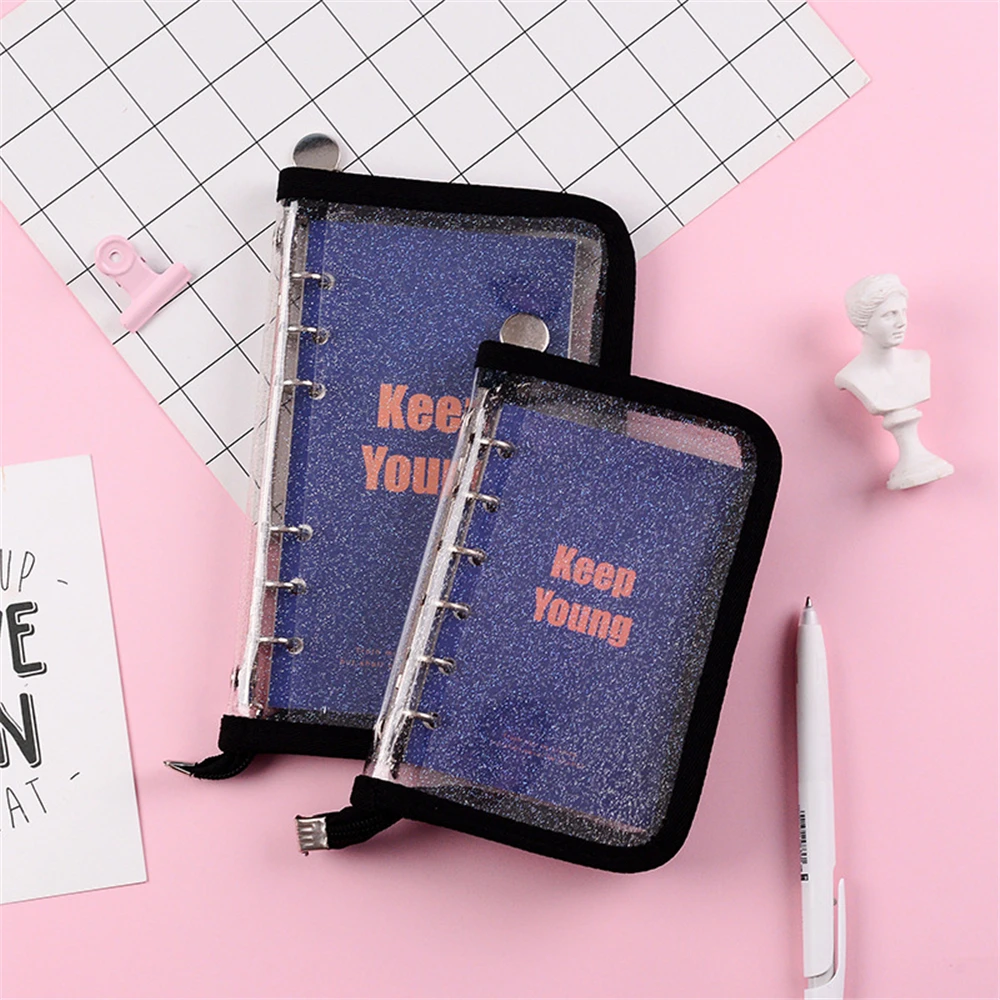 A6 A7 Refillable Journal Zip Binder Glitter PVC Cover Planner Shell Black Pink Edge Banding 6 Rings Loose Leaf Case with Zipper