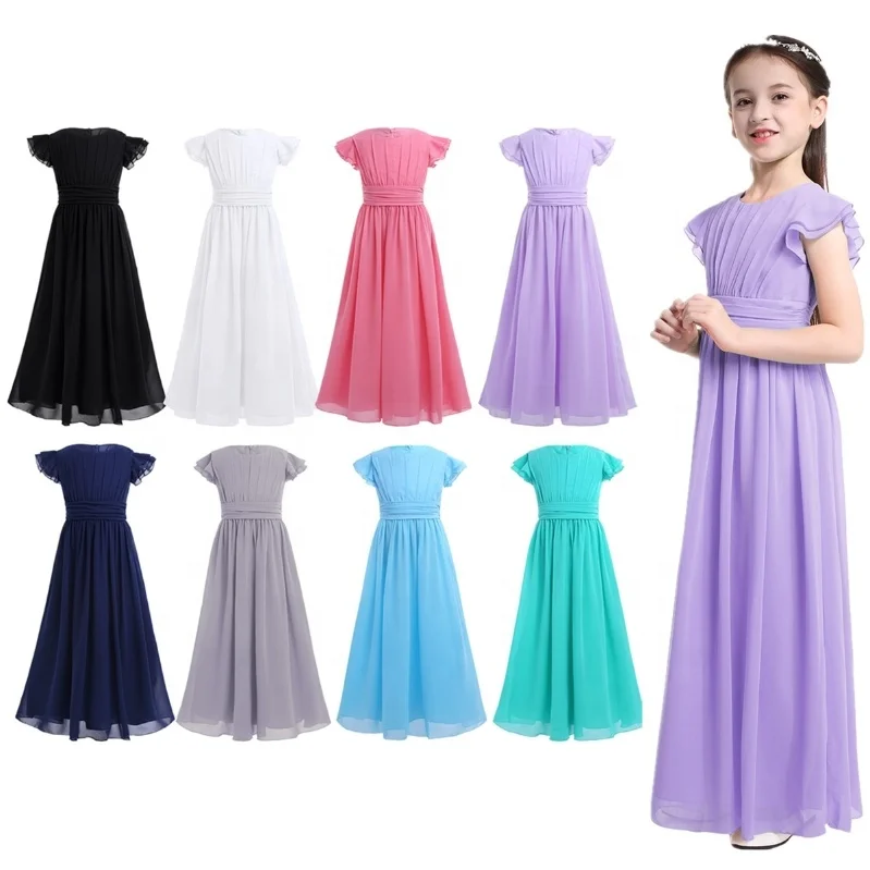 
Girls Chiffon Flutter Sleeves Princess Pageant Wedding Bridesmaid Birthday Party Long Dress 