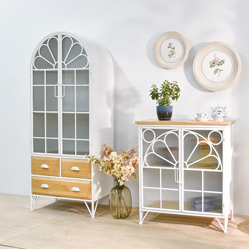 Nordic style home living room rustic decor white color iron metal wooden arched retro storage display cabinet with glass doors