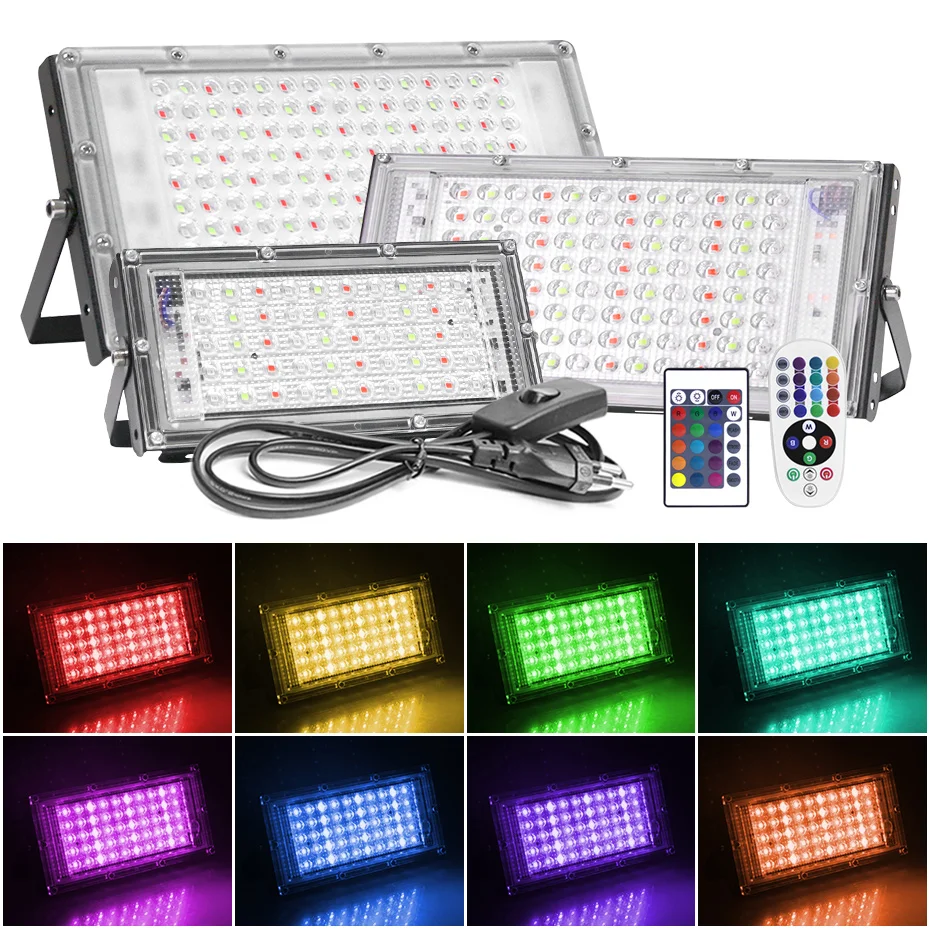 LED Floodlight RGB AC110V 220V 50W 100W 150W Color Changing LED Flood Light Plug Outdoor Lighting Spotlight Wall Street Refletor