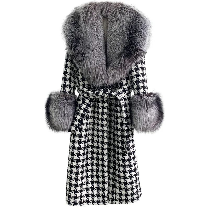 Fox fur coat women long thousand bird check woolen overcoat fashion style