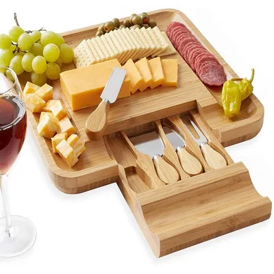 Custom Bamboo Hidden Slide-Out Drawer Sleek Charcuterie Tray Platter Meats Crackers Cutting Cheese Board and Cutlery Set