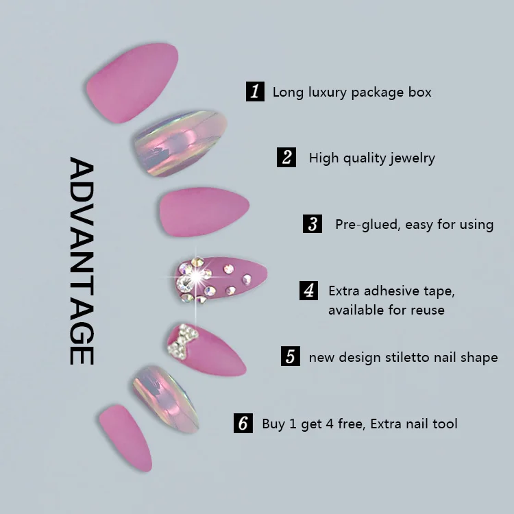 
NEWAIR luxury package custom press on nails pre glued nail designs art rhinestone point shape acrylic nail manufacturer 