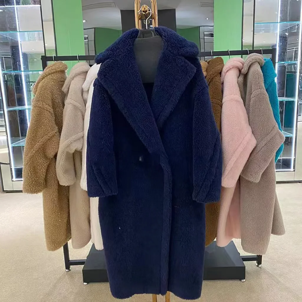 Office Lady style thick material long style faux teddy fur coat