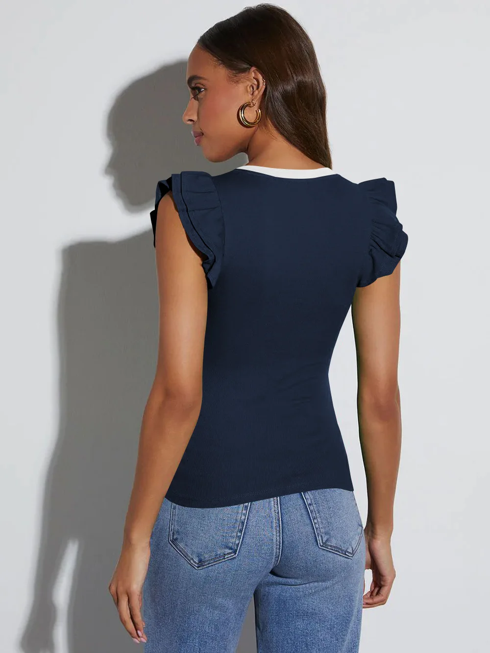European style commuting solid color threaded slim fit top with contrasting V-neck short sleeved T-shirt for women in summer