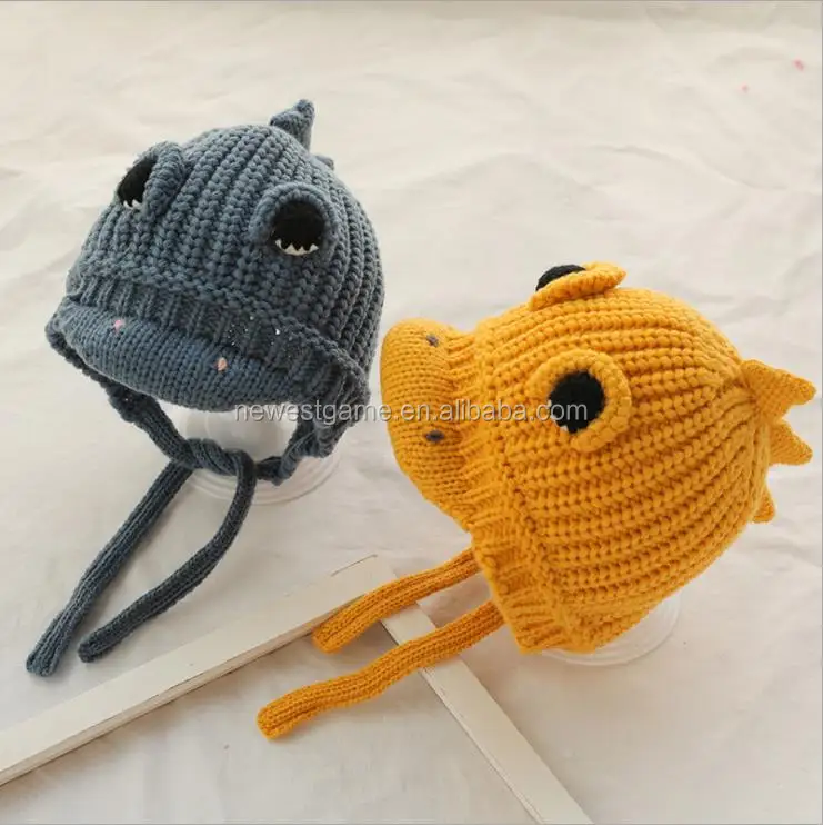 wholesale retail Baby dinosaur hat cartoon sweater caps thick warm hat ear cap knit hats for children baby free shipping