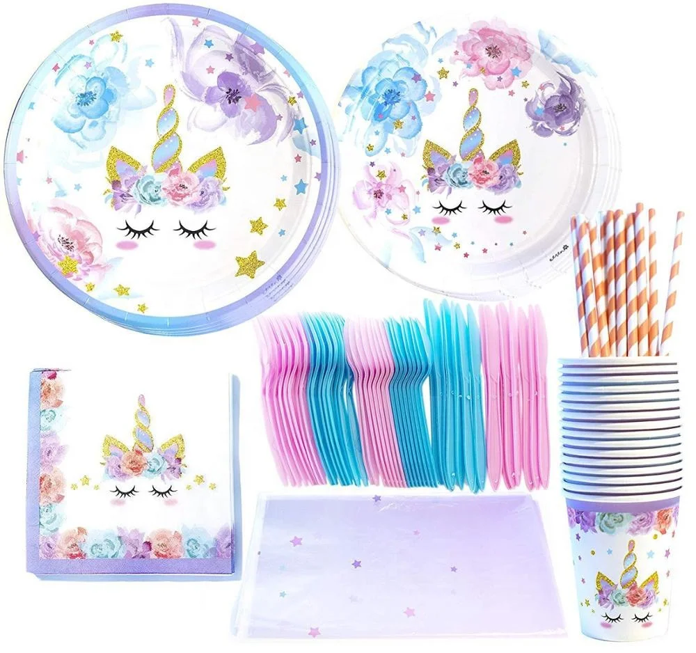 2019 Newest 16 Guests Unicorn Party Supplies  Pack Children Rainbow Birthday Party Supply Set With Bonus Happy Birthday Banner