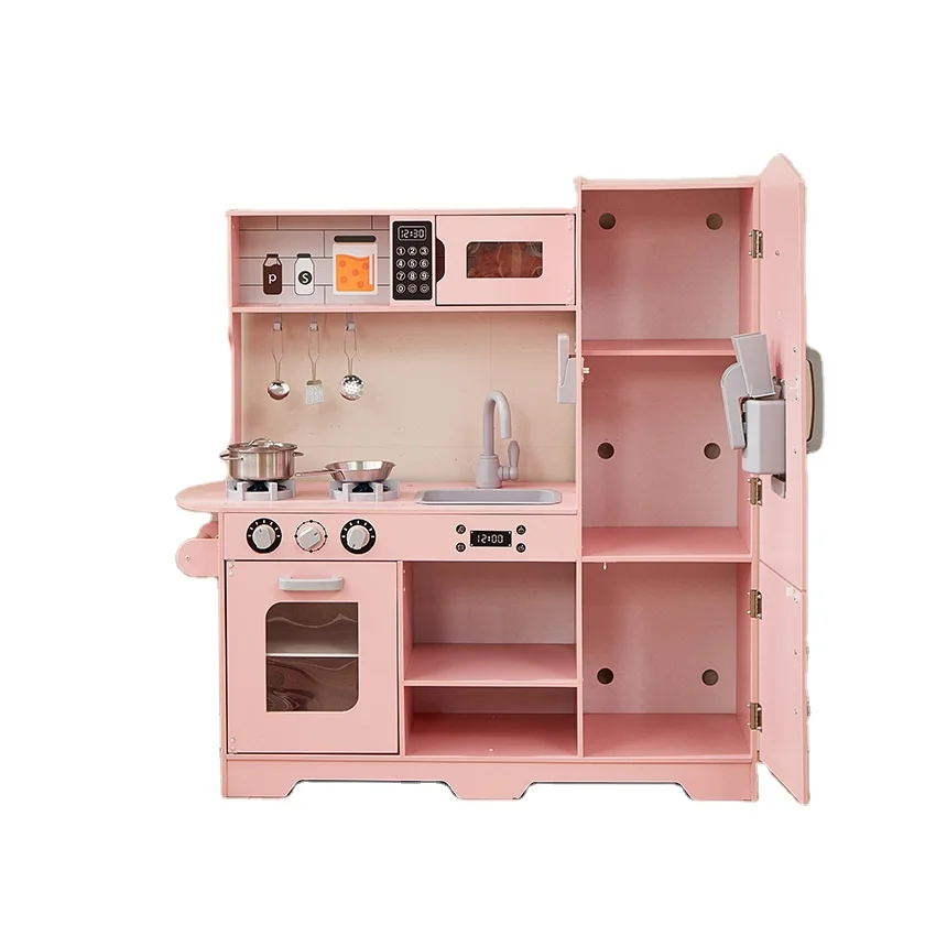 Pink pretend wooden play kitchen toy set for girls