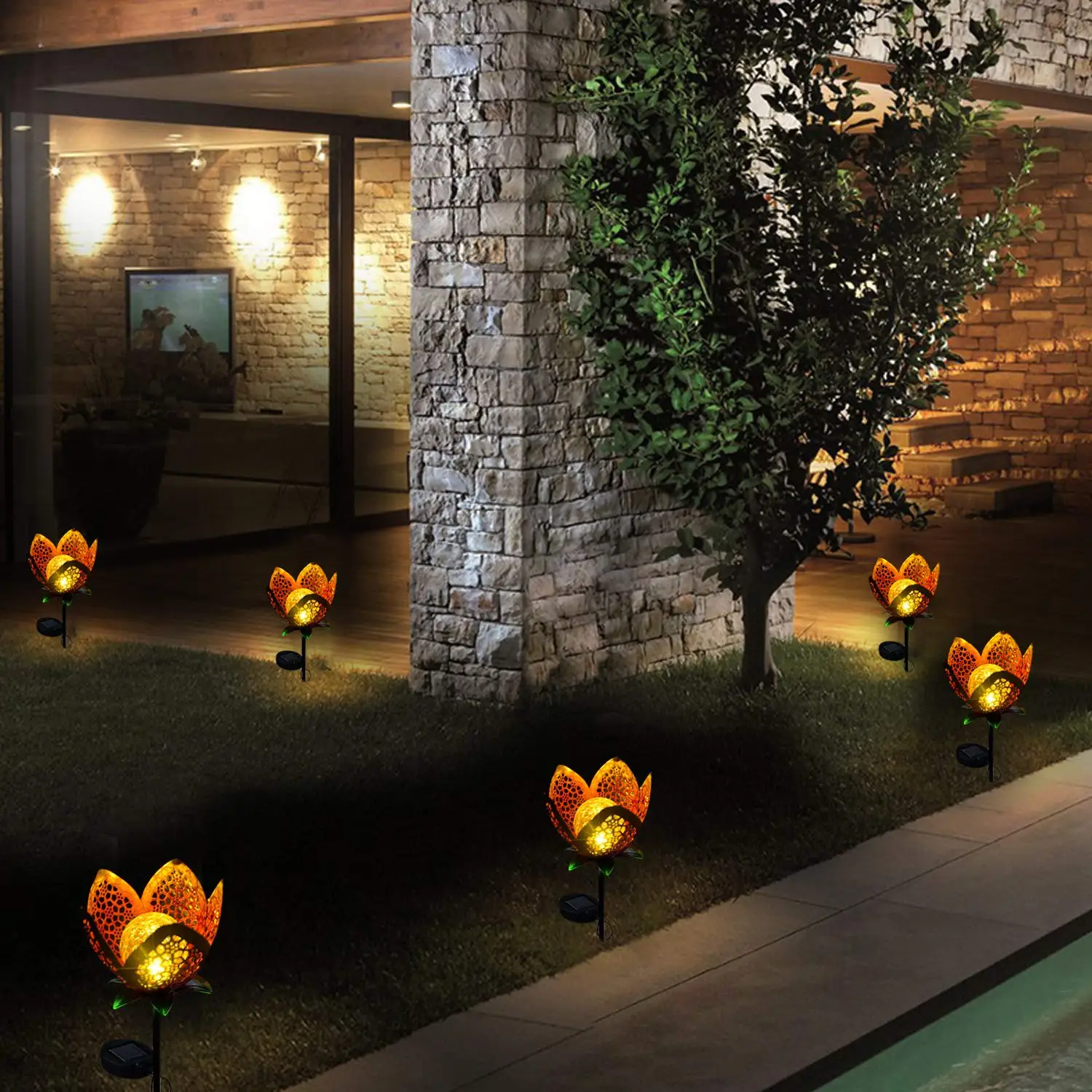 Solar powered Outdoor Pathway decorative yard Crackle Glass ball garden Hollow-Carved Metal Solar flower Stake Lights