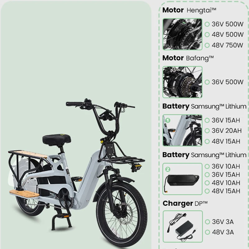 OEM 500W Electric Cargo City Bike E-Bike 48v15ah Lithium Battery Rear Hub Motor 2 Kids Seat Customizable Electric Bicycle Frame